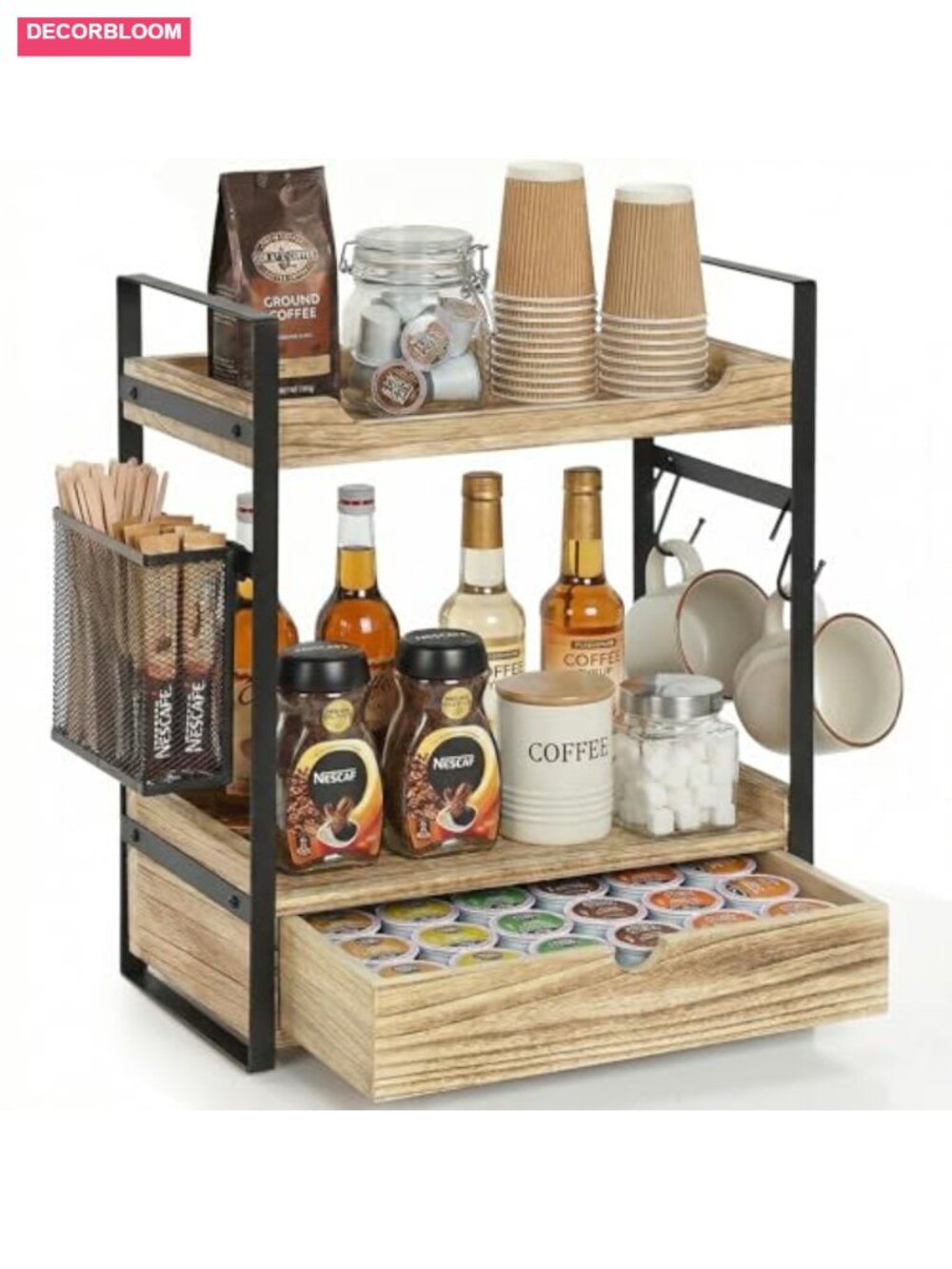 Wood 2-Tier Coffee Bar Organizer with Drawer and Mug Hooks